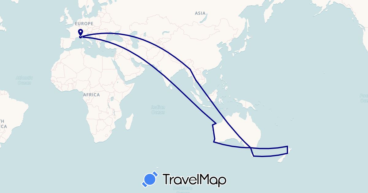 TravelMap itinerary: driving in Australia, France, Myanmar (Burma), New Zealand, Thailand (Asia, Europe, Oceania)